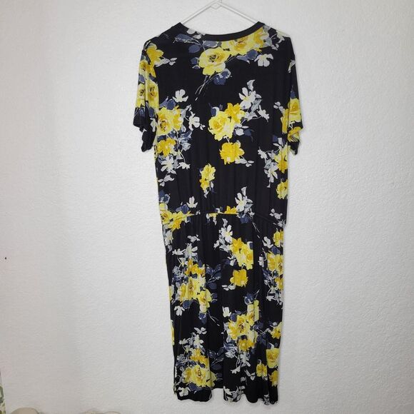 Simier Fariry XXL Black Yellow Floral Print Short Sleeve Casual Mini Dress - Picture 3 of 11